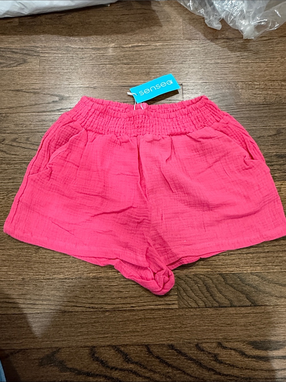 High-Waist Pink Gauze Shorts with Elastic Smocked Waist